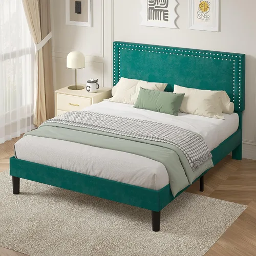Vista 101 de VECELO Base de cama de plataforma de tamaño individual con cabecera tapizada de altura ajustable, base de colchón moderna, soporte de listones