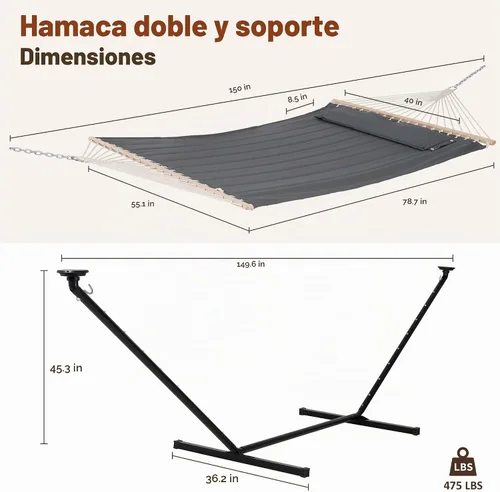 Vista 5 de SUNCREAT Hamaca doble con soporte de 12 pies, luces solares incluidas, hamaca al aire libre para exterior, gris oscuro