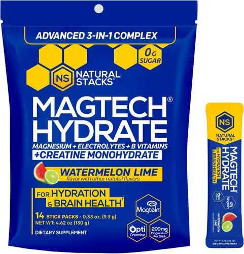 Vista 11 de MagTech - Paquetes de hidrato de magnesio - Polvo de hidratación sin azúcar - Magteína Magnesio L-treonato, glicinato y taurato - Complejo triple