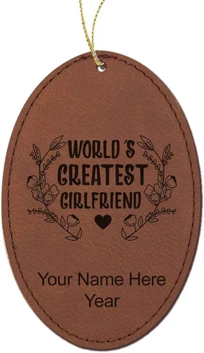 Vista 8 de LaserGram Personalized Christmas Ornament, World's Greatest Girlfriend, Faux Leather, Custom Laser Engraved Gift Idea (Oval Shape, Gray)