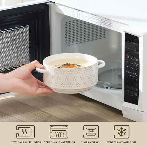 Vista 4 de MALACASA Juego de 4 cuencos de cerámica de 20 oz con asas – Cuencos de sopa de cebolla francesa aptos para horno y microondas, patrones únicos