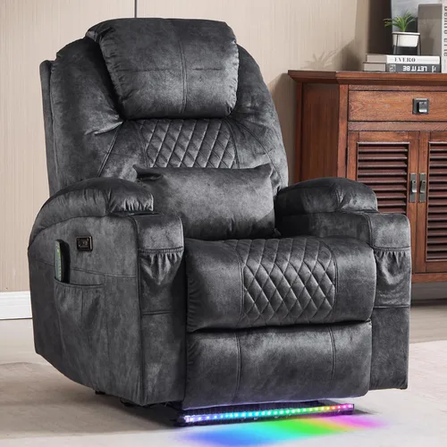 Vista 15 de Silla reclinable eléctrica con calor y masaje para adultos, asiento reclinable eléctrico de cine en casa con luces LED, portavasos, bolsillo