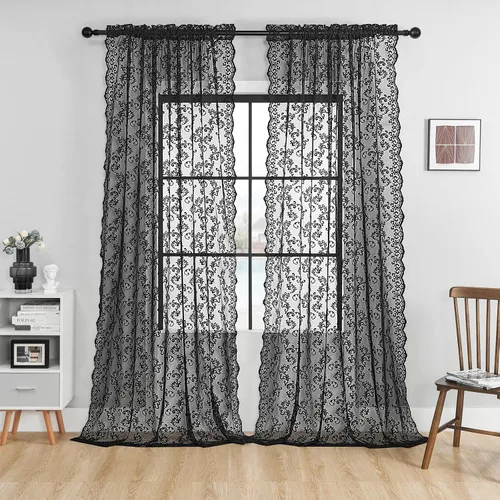 Vista 9 de Cortinas de encaje floral victoriano transparentes - 45 pulgadas de largo, 2 paneles, bolsillo para barra de cocina estilo cafetería, filtro de luz