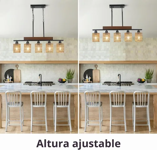 Vista 5 de Candelabros de ratán para comedor, iluminación de isla de cocina bohemia, lámpara lineal de 5 luces, lámpara colgante rectangular, candelabros