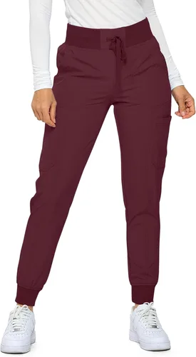 Vista 7 de Pantalones quirúrgicos para mujer de Monarch Uniforms, pantalones quirúrgicos jogger de canalé para mujer Negro