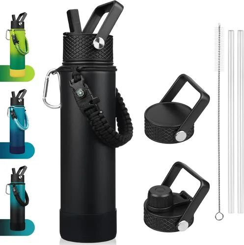 Vista 33 de BJPKPK - Botella de agua con tapa de popote, botellas de agua aisladas de 18 onzas con 3 tapas, asa de cuerda de paracaídas y base antideslizante
