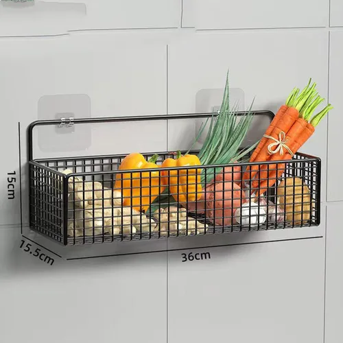 Vista 3 de Cestas colgantes de alambre de cocina, organizador de frutas negro para montaje en pared, sin perforaciones, soporte de metal pequeño para gabinete