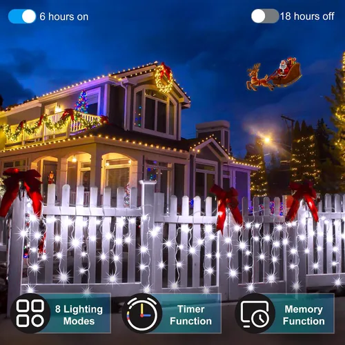 Vista 2 de 612 luces LED de Navidad de 60 pies con 136 gotas, 12 modos regulables, luces colgantes blancas frías al aire libre con memoria de temporizador