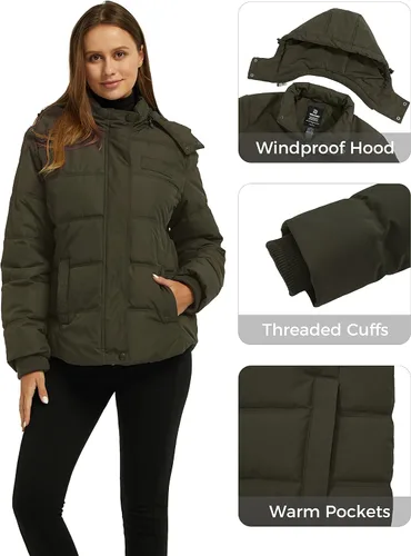 Vista 6 de Wantdo - Abrigo acolchado con capucha para mujer, chaqueta puffer cálida y gruesa de invierno con capucha removible Verde militar