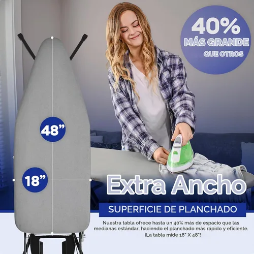 Vista 2 de BKTD Tabla de planchar extra ancha: superficie grande de 48"×18" (57" con soporte para plancha) • Perchero integrado para ropa, colgador y soporte