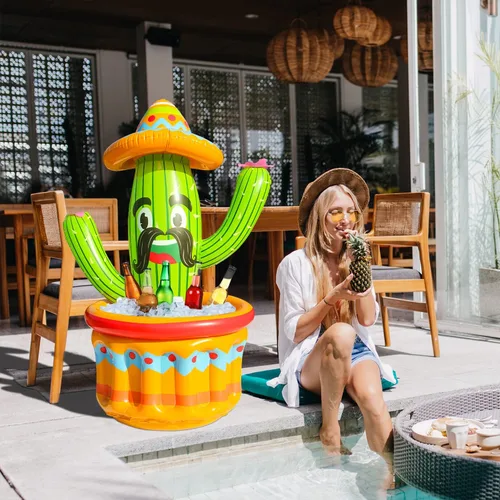Vista 2 de PARENTSWELL Enfriador de bebidas de 47.5 pulgadas para fiestas, paquete de 2 cubos inflables de cactus para barbacoa, suministros de despedida
