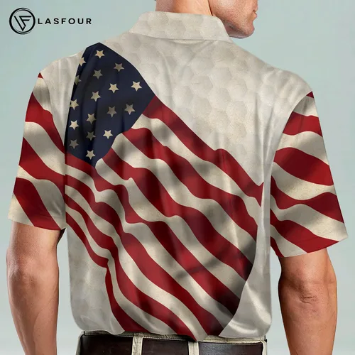 Vista 5 de LASFOUR Polo de golf divertido personalizado para hombre, con bandera americana, polo de golf orgulloso, patriótico 3D para hombre
