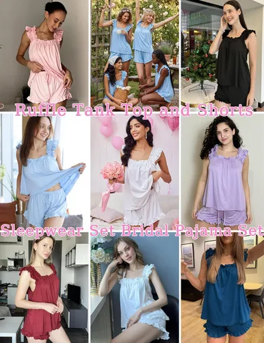 Vista 6 de Ekouaer Conjunto de pijama para mujer, conjunto de 2 piezas con volantes, camiseta sin mangas suave y pantalones cortos, conjunto de pijama de novia
