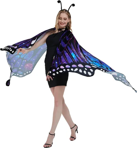 Vista 4 de Alas de mariposa para mujer, disfraces de Halloween, alas de hada, tela suave para adultos, con máscara facial para fiesta, accesorio personalizado..