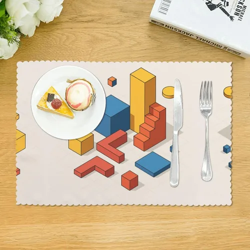 Vista 3 de Juego de 4 manteles individuales rectangulares, resistentes al calor 3D isométricos impresos para cocina y comedor
