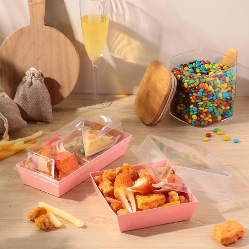 Vista 5 de Gejoy 100 cajas de charcutería rosa de 2 tamaños con tapas transparentes, cajas de postre de papel desechables, recipientes de postre de alimentos
