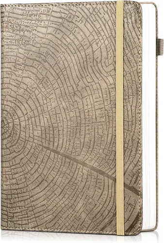 Vista 8 de Diario forrado con líneas de CAGIE para hombres y mujeres, diario encuadernado en cuero con anillos de crecimiento de árboles, cuaderno de 256