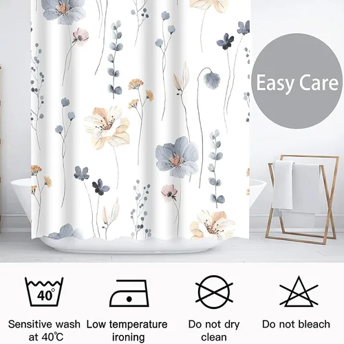 Vista 5 de Juego de cortinas de ducha – Cortina de baño floral con flores azules y beige, cortina de ducha para baño, juego de cortina de ducha de tela