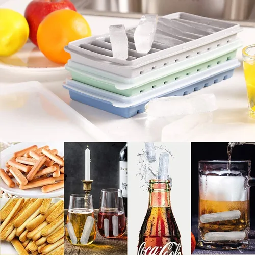 Vista 6 de LessMo 3 bandejas para cubitos de hielo, bandeja larga para palitos de hielo de silicona con tapa, palo estrecho rectangular, reutilizable
