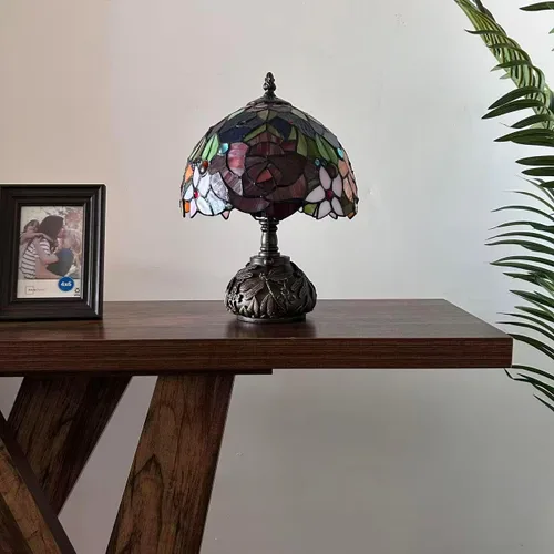 Vista 7 de Tiffany - Lámpara de mesa con diseño de flores, color rojo, naranja y azul, incluye base de libélula para sala de estar, dormitorio, mesita