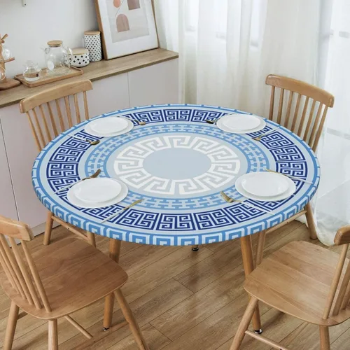 Vista 9 de Mantel redondo geométrico azul y blanco con bordes elásticos para mesas de hasta 45 a 50 pulgadas de diámetro