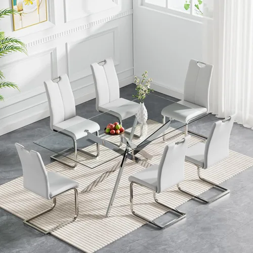 Vista 18 de Juego de mesa de comedor de cristal de lujo de 36 pulgadas para 2, mesa de comedor redonda moderna de 3 piezas con 2 sillas de comedor de cuero