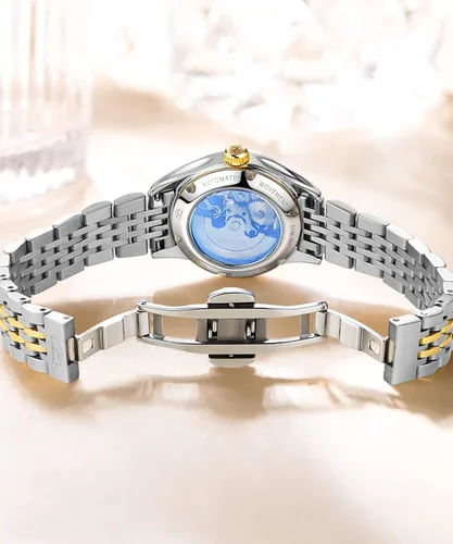 Vista 7 de OLEVS Relojes automáticos para mujer, mecánicos, cuerda automática, vestido de lujo, esfera de diamante, correa de acero inoxidable, impermeable