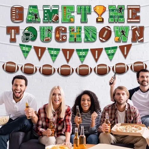 Vista 6 de Decoraciones de remolinos colgantes de fútbol americano, suministros de pancarta de cumpleaños que incluyen banderines de tiempo de juego, espirales