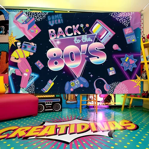 Vista 4 de Pancarta de fondo de fiesta temática de los años 80 de 6 x 3.6 pies, diseño retro de videojuegos, decoración de fiesta de cumpleaños de los años 80