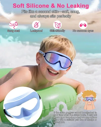 Vista 2 de Keary - Paquete de 2 gafas de natación para niños con cubierta nasal, anti-UV, antiempañamiento, para piscina y agua, para niños de 3 a 12 años