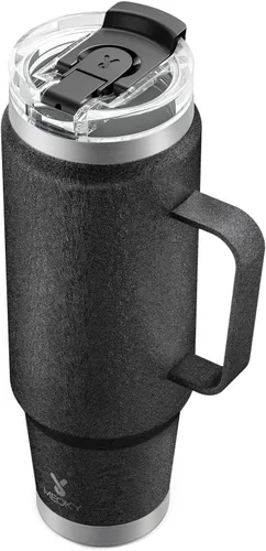Vista 26 de Meoky Vaso de viaje de acero inoxidable de 40 onzas con asa, taza de viaje de acero inoxidable con tapa para sorber 2 en 1, taza de café aislada al