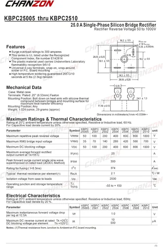 Vista 2 de Chanzon KBPC2504 Puente Rectificador Diodo 25A 400V KBPC Monofásico, Onda Completa 25 Amp 400 Voltios Diodos de Silicio Electrónicos