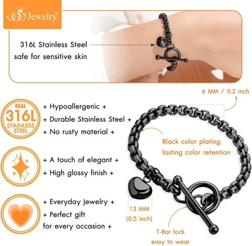 Vista 6 de 555Jewelry Pulsera de acero inoxidable con cadena de eslabones y corazón para mujeres y niñas