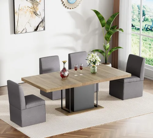 Vista 9 de Juego de mesa de comedor extensible para mesa de cocina extensible de 4, 5 piezas y 4 sillas de almacenamiento ocultas de lino tapizadas de madera