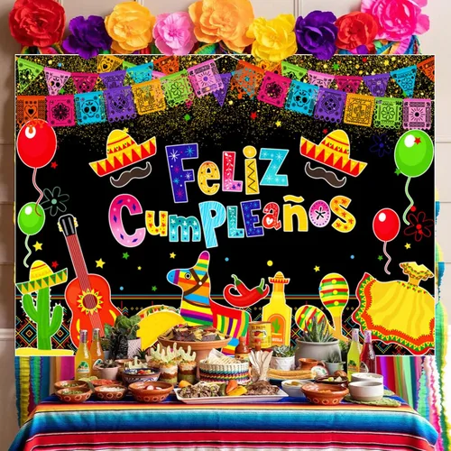 Vista 4 de Telón de fondo de fiesta mexicana para fiesta de cumpleaños, decoración colorida de Cinco de Mayo, Taco, carnaval, fotografía, fondo de fiesta