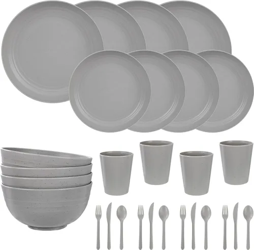 Vista 12 de LIYH 16 Piezas Juego de Vajilla de Paja de Trigo Beige - Platos de Cena Crema Irrompibles, para 4 Platos y Cuencos, Juego de Vajilla de Plástico