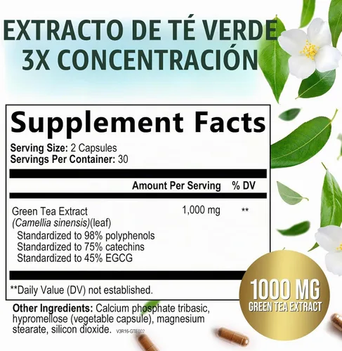 Vista 2 de PureTea - Píldoras de extracto de té verde de 1000 mg con EGCG – 98% de polifenoles estandarizados – Cápsulas de té verde de absorción 3X