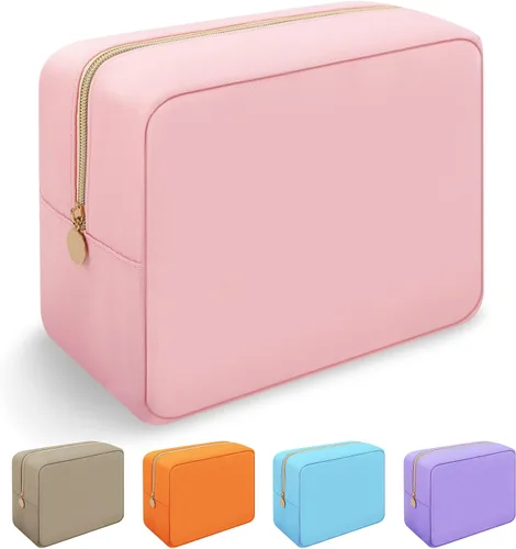 Vista 19 de Iqimott Bolsa Grande de Maquillaje de Nylon, Neceser de Viaje, Bolsa Grande de Cosméticos Preppy, Organizador de Maquillaje de Nylon, Bolsa de Beige