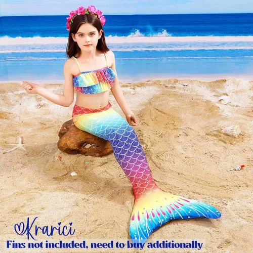 Vista 6 de Krarici Traje de baño de cola de sirena de 4 piezas, traje de baño de cola de natación, traje de cosplay para niñas y niños (sin monoaleta)
