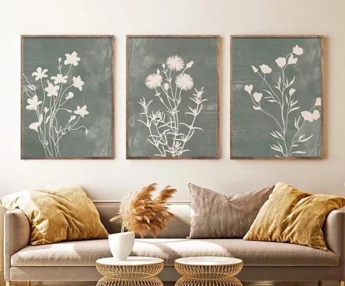 Vista 7 de NATVVA 3 piezas de arte de pared botánico de flores salvajes, impresiones en lienzo de hojas de línea azul marino, póster floral, pintura para sala