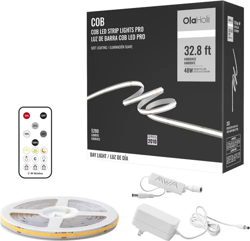 Vista 10 de Tira de luz LED COB de 16.4 pies con control remoto, 6500K Ra93+ regulable luz diurna brillante blanca tira de luz LED COB tira de luz blanca
