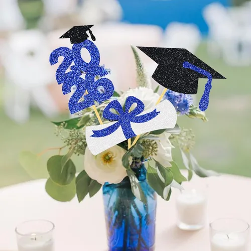 Vista 4 de Centro de mesa de graduación Decoración de mesa de centro de fiesta, palillos con purpurina, tapa de graduación para clase, fotomatón, favores, azul