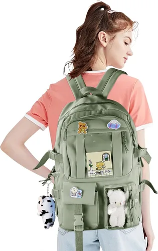 Vista 6 de AoMoon Mochila kawaii con bonito diseño en colores pastel para adolescentes, bolsas estéticas para estudiantes con pin Kawaii y accesorios lindos