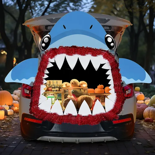 Vista 5 de JOYIN Kit de decoración de Halloween para maletero o golosinas, calcomanías para automóvil, decoración de tiburón, casa embrujada para SUV, puerta