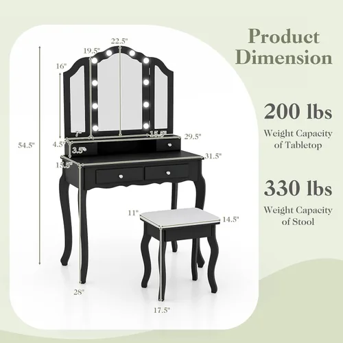 Vista 6 de CHARMAID Escritorio de tocador con luces – Mesa de tocador de maquillaje con espejo de tres pliegues, 10 luces LED Hollywood ajustables, 4 cajones