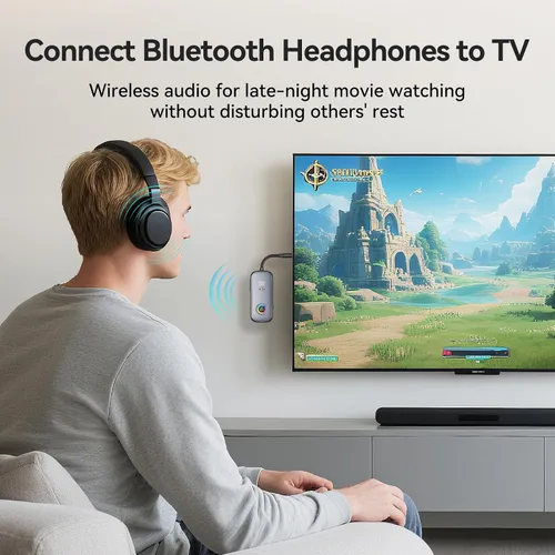 Vista 4 de Receptor transmisor Bluetooth, compatible con 2 AirPod/auriculares, pantalla de nivel de batería HD, baja latencia, interfaz de audio de 0.138 in