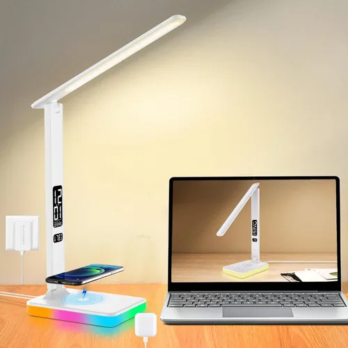 Vista 11 de Lámpara de escritorio LED para oficina en casa, puerto de carga USB, luz de escritorio de lectura con 5 temperaturas de color, atenuación continua