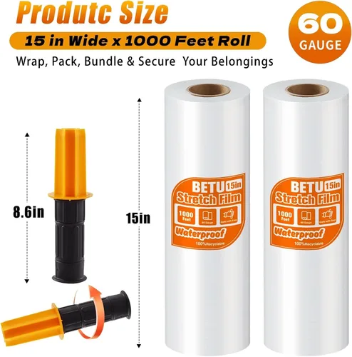 Vista 3 de Película elástica retráctil para suministros de mudanza (15 pulgadas, 2 unidades) x 1000 pies, rollo elástico de plástico de resistencia industrial