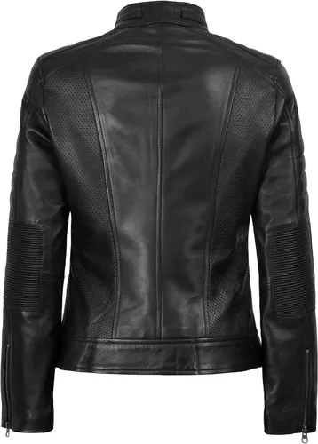 Vista 6 de Blingsoul - Chaqueta de cuero Cafe Racer para mujer - Chaquetas de piel de cordero real para mujer Negro