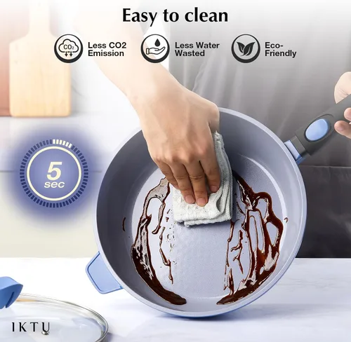 Vista 6 de IKTU Sartén profunda antiadherente de cerámica, sartén antiadherente de 11 pulgadas con mango auxiliar y tapa, sartén grande de inducción con mango